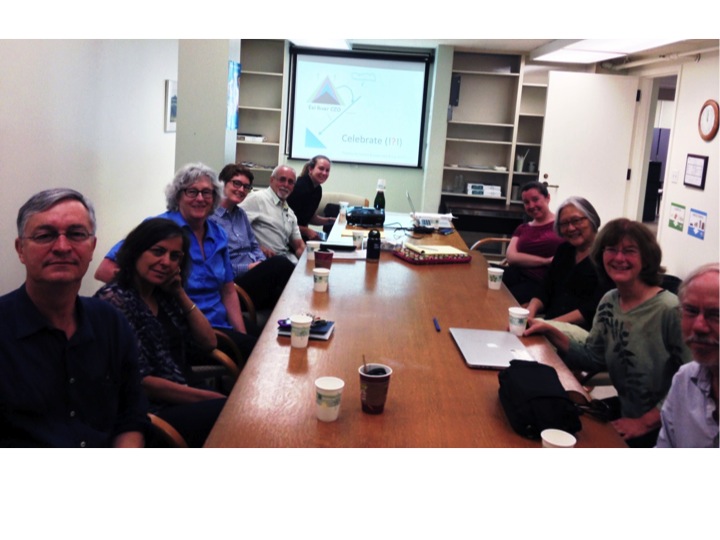 December 2013 meeting of the Eel River Critical Zone Observatory science team. From left to right: Jim Bishop, geochemist; Jill Banfield, geomicrobiologist; Mary Firestone, soil microbiologist; Stephanie Carlson, fish ecologist; Todd Dawson, tree ecophysiologist; Verna Bowie, VCR project analyst; Sally Thompson, ecohydrologist; Inez Fung, climate scientist; Mary Power, food web ecologist; Bill Dietrich, geomorphologist, hydrologist, and ERCZO Director