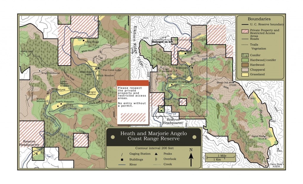 Hiking trails and land ownership around the Angelo Reserve--note the left side is an enlarged area of the right hand map.  Prepared by Sharon Edell. 
