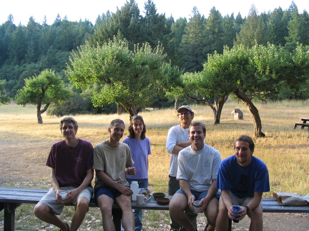Second and third generation Angelo Reserve Researchers at Fox Creek Lodge, looking towards Wilderness Lodge Meadow